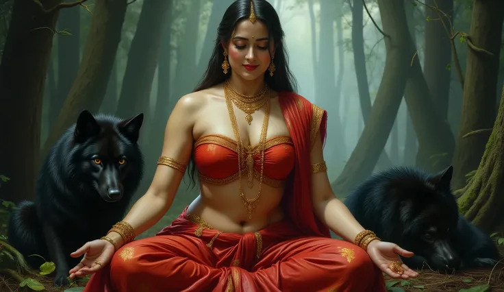 Full hd image of a very beautiful princess wearing wet red saree and wet red blouse curvy figure sitting and doing tantra kriya and a black wolf sitting next to her in the scary forest