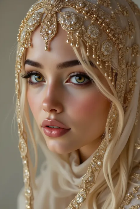  Portrait of an Arabian princess, a fairy-tale image, fantastic backgrounds, a magical fairy-tale atmosphere, [cowbow shot:1.4], [she has a veil-mask and [falling fringes (gold-chaining)] cover the lower part of the face] , [Cashmere material, delicate emb...