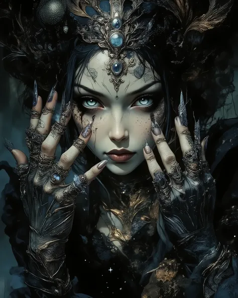 (Amazing Extraordinary Dreams: 3.5) The photo depicts a powerful Gothic witch whose face is decorated with that elegant hand, mysterious. She had slender white fingers, wearing several silver magic rings on her fingers, and was set with dark gems such as a...