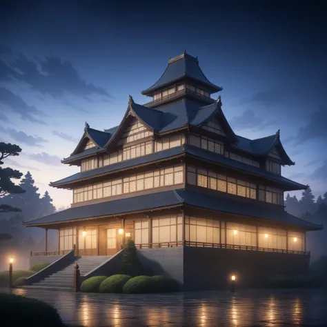 Japanese anime illustration, (detailed image of a large Japanese mansion from the Showa period: 1.2), misty background, very high resolution, masterpiece, top quality, professional photography, pointillism, cinematic light, depth of field