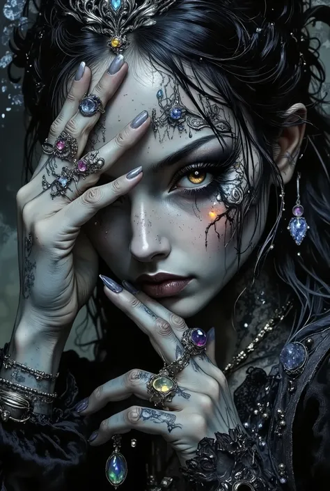 (Amazing Extraordinary Dreams: 3.5) The photo depicts a powerful Gothic witch whose face is decorated with that elegant hand, mysterious. She had slender white fingers, wearing several silver magic rings on her fingers, and was set with dark gems such as a...