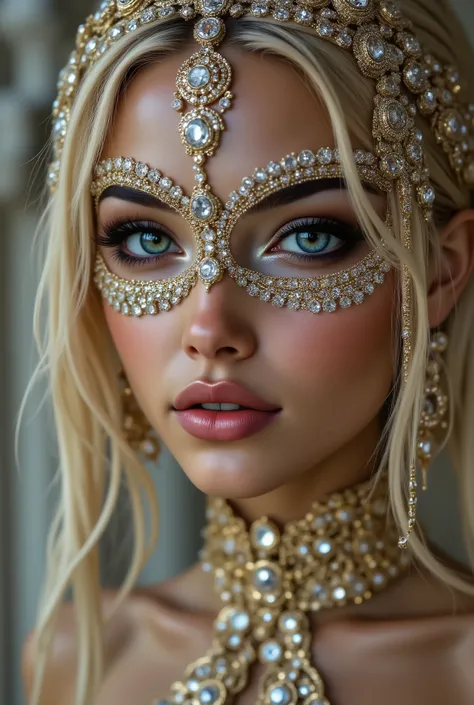  Portrait of an Arabian princess, a fairy-tale image, fantastic backgrounds, a magical fairy-tale atmosphere, [shot to the upper body (up to the waist):1.4], [she has a diamond mask to which is attached (below) a falling veil of densely woven fringes of (g...