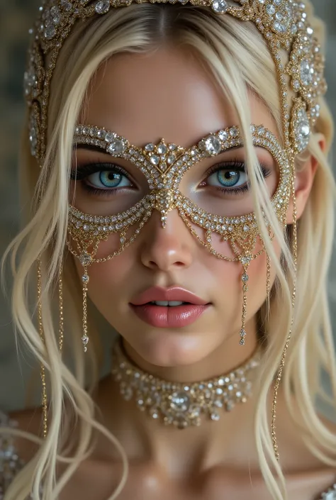 Portrait of an Arab princess, fairy tale image, Fantastic backgrounds, magical atmosphere, [upper body shot:1.23], [she has a diamond mask, attached falling veil of densely woven fringes (gold chains decorated with jewels), covering the lower part of her f...