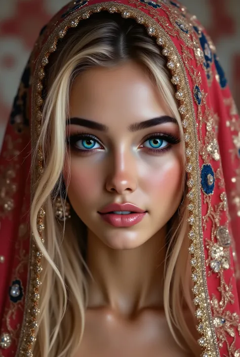  Portrait of an Arabian princess, a fairy-tale image, fantastic backgrounds, a magical fairy-tale atmosphere, [cowbow shot:1.25], [she has a veil-mask and (falling fringes) (gold-chaining, shiny, elegant) cover the lower part of the face] , [vivid and colo...