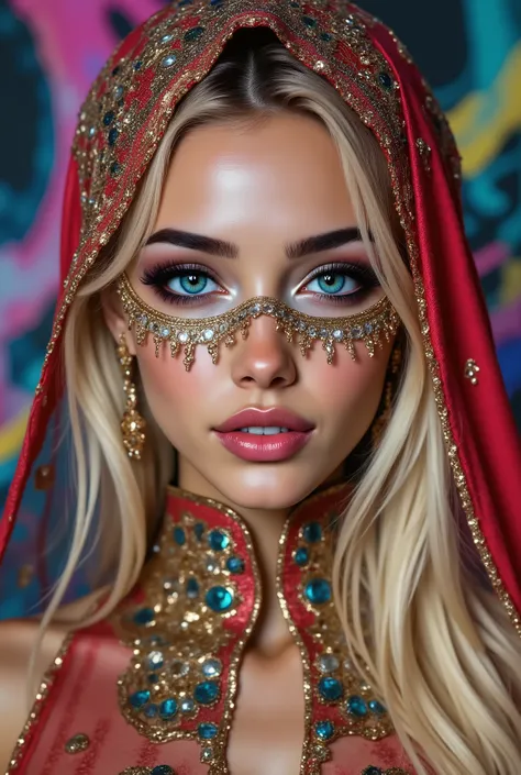  Portrait of an Arabian princess, a fairy-tale image, fantastic backgrounds, a magical fairy-tale atmosphere, [cowbow shot:1.25], [she has a veil-mask and (falling fringes) (gold-chaining, shiny, elegant) cover the lower part of the face] , [vivid and colo...