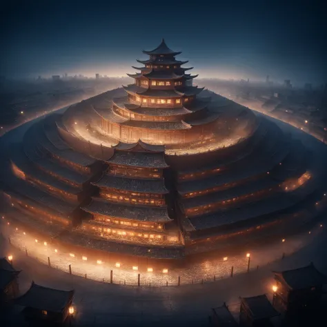 Japanese anime illustration (detailed image of Kowloon Walled City: 1.2), foggy background, very high resolution, masterpiece, best quality, professional photography, pointillism, cinematic light, depth of field