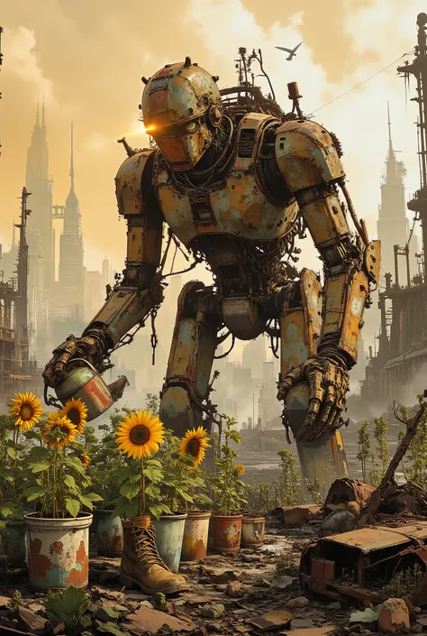Epic wide shot, low angle. A lone, heavily rusted and weathered robot of immense, hulking design, its metal pitted and scarred. It moves with a gentle, deliberate slowness, its single optic sensor emitting a soft, warm beam of light. It is tending to a sma...