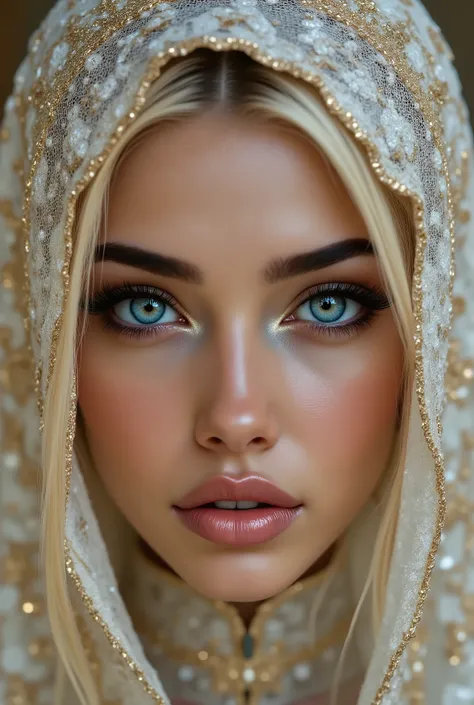  Portrait of an Arabian princess, a fairy-tale image, fantastic backgrounds, a magical fairy-tale atmosphere, [cowbow shot:1.4], [she has a veil-mask and [falling fringes (gold-chaining)] cover the lower part of the face] , [vivid and colorful cashmere fab...