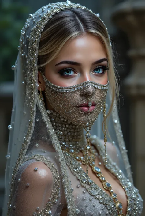  Portrait of an Arab princess, fairy tale image, Fantastic backgrounds, magical atmosphere, [upper body shot:1.23], [she has a diamond mask, attached falling veil of densely woven fringes (gold chains decorated with jewels), covering the lower part of her ...