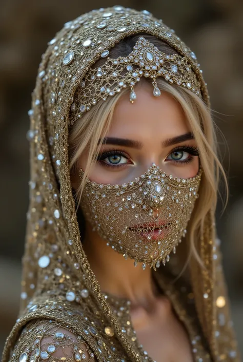  Portrait of an Arab princess, fairy tale image, Fantastic backgrounds, magical atmosphere, [upper body shot], [she has a diamond mask + attached falling veil of densely woven fringes (gold chains decorated with jewels), covering the lower part of her face...
