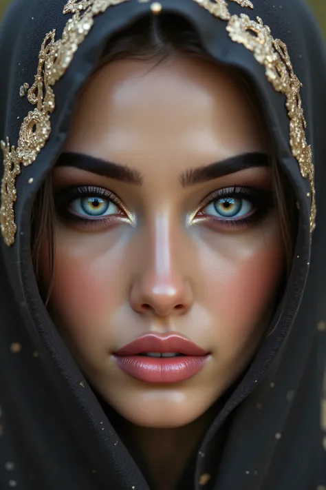 Portrait of an Arab princess, fairy tale image, Fantastic backgrounds, magical atmosphere, she has a veil-mask and falling fringes (gold-chaining) cover the lower part of the face:1.33, Ultra-realistic (photorealistic Realism), (ultra realistic texture de...
