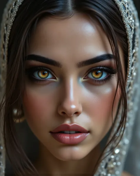 Portrait of an Arab princess, fairy tale image, Fantastic backgrounds, magical atmosphere, [she has a veil-mask and falling fringes (gold-chaining) cover the lower part of the face:1.33], Ultra-realistic (photorealistic Realism), (ultra realistic texture ...