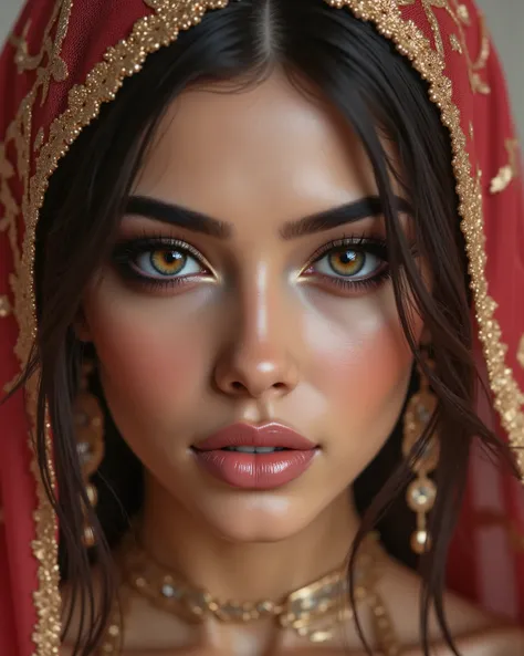  Portrait of an Arab princess, fairy tale image, Fantastic backgrounds, magical atmosphere, [she has a veil-mask and falling fringes (gold-chaining) cover the lower part of the face:1.33], Ultra-realistic (photorealistic Realism), (ultra realistic texture ...