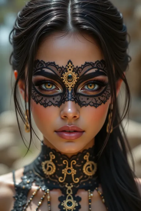 Portrait of an Arab princess, fairy tale image, Fantastic backgrounds, magical atmosphere, she has a veil-mask and falling fringes (gold-chaining) cover the lower part of the face:1.33, Ultra-realistic (photorealistic Realism), (ultra realistic texture de...