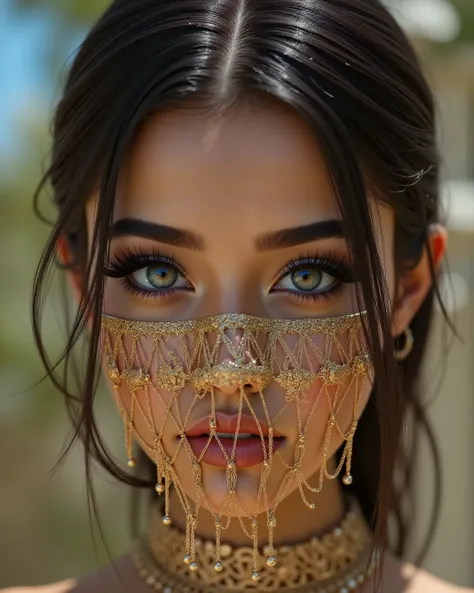  Portrait of an Arab princess, fairy tale image, Fantastic backgrounds, magical atmosphere, [she has a veil-mask and [falling fringes (gold-chaining)] cover the lower part of the face], Ultra-realistic (photorealistic Realism), (ultra realistic texture det...