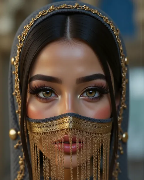  Portrait of an Arab princess, fairy tale image, Fantastic backgrounds, magical atmosphere, [she has a veil-mask and [falling fringes (gold-chaining)] cover the lower part of the face], Ultra-realistic (photorealistic Realism), (ultra realistic texture det...