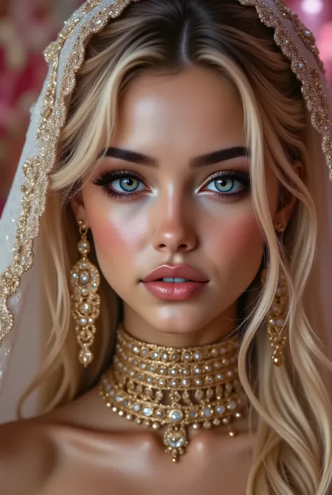  Portrait of an Arabian princess, a fairy-tale image, fantastic backgrounds, a magical fairy-tale atmosphere, [cowbow shot:1.25], [she has a veil-mask and (falling fringes) (gold-chaining, shiny, elegant) cover the lower part of the face] , [vivid and colo...