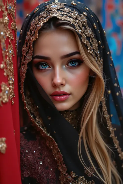  Portrait of an Arabian princess, a fairy-tale image, fantastic backgrounds, a magical fairy-tale atmosphere, [cowbow shot:1.25], [she has a veil-mask and (falling fringes) (gold-chaining, shiny, elegant) cover the lower part of the face] , [vivid and colo...