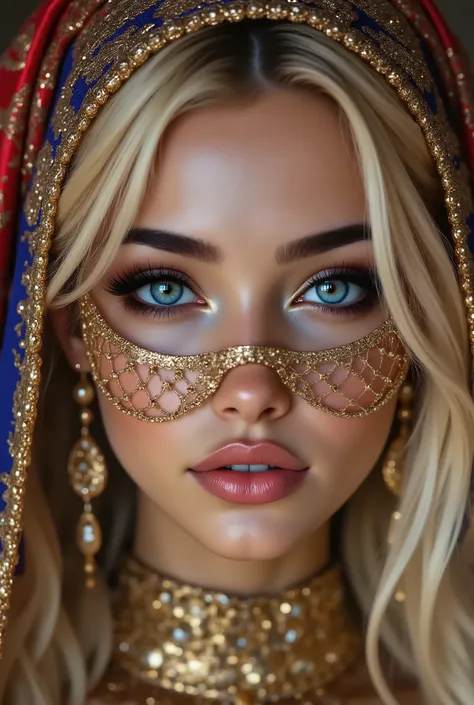  Portrait of an Arabian princess, a fairy-tale image, fantastic backgrounds, a magical fairy-tale atmosphere, [cowbow shot:1.25], [she has a veil-mask and (falling fringes) (gold-chaining, shiny, elegant) cover the lower part of the face] , [vivid and colo...