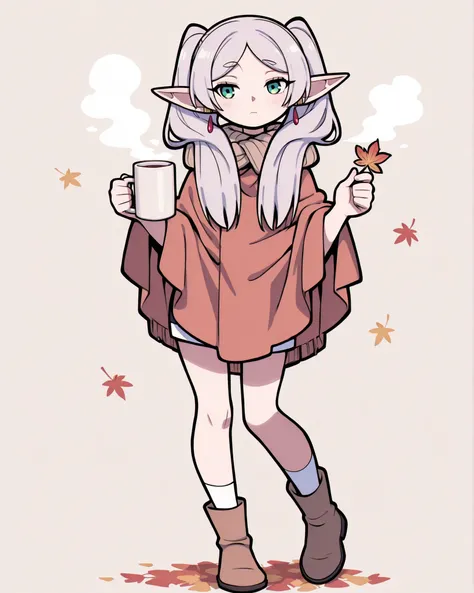 CartoonyIllustrious, shojo anime Frieren, full body, shoulder-length chestnut hair, wearing a warm poncho, holding a steaming mug with one hand, standing with one leg slightly bent, autumn leaves swirling around, serene expression, pastel beige background,...