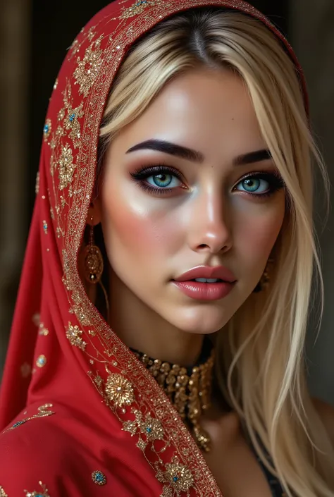  Portrait of an Arabian princess, a fairy-tale image, fantastic backgrounds, a magical fairy-tale atmosphere, [cowbow shot:1.25], [she has a veil-mask and (falling fringes) (gold-chaining, shiny, elegant) cover the lower part of the face] , [vivid and colo...