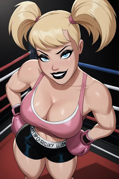 BREAK, score_9, score_8_up, score_7_up, score_6_up, Harleybtas, 1girl, solo, twintails, short hair, blonde hair, blue eyes, black lips, very large breasts, cleavage, makeup, smiling, closed mouth, seductive expression, bedroom eyes, looking at viewer, sedu...