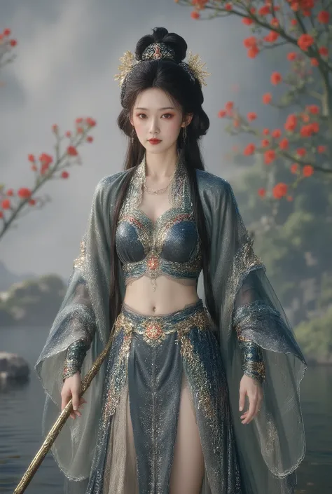  increases the realism of the image ,  legendary female warrior ,  increases the detail of the image . The intense and exciting scene of MaleniaNorm, She stood confidently ,Incomparable beauty， . The perfect figure of a woman along with {x} her perfect fig...