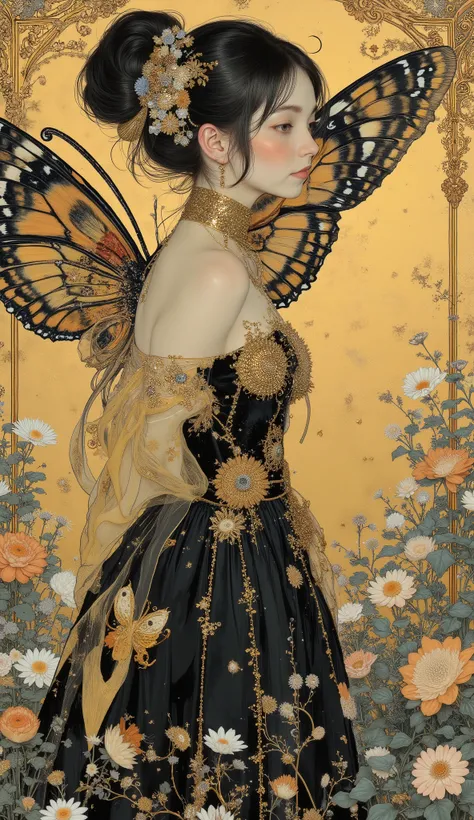 profile 、profile、 slouching pose、Carafe Butterfly Costume for Women in a Black and Gold Dress, Klimt Designs、 Exquisite and Handsome Feathers , Butterfly Wings, big, Beautifully open wings , Extremely Intricate Feathers !, with big wings , ...