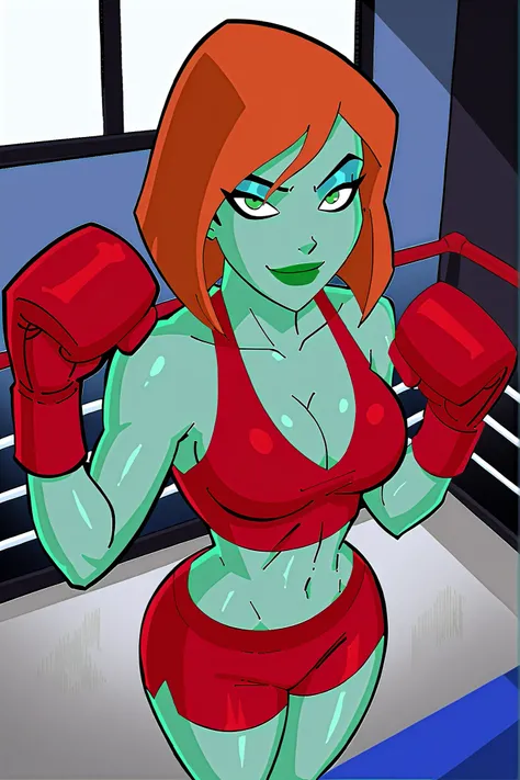 BREAK, score_6_up, score_7_up, score_8_up, score_9, 1girl, solo, green skin, green eyes, orange hair, green lipstick, makeup, Megan, superhero, very large breasts, busty, cleavage, curvy, athletic, looking at viewer, seducing viewer, teasing viewer, seduct...