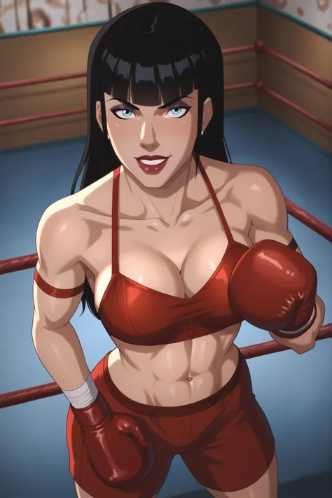 BREAK, score_8_up, score_7_up, score_6_up, score_9, zatannadark, 1girl, solo, black hair, long hair, very large breasts, blue eyes, cleavage, blunt bangs, curvy, athletic, lipstick, makeup, looking at viewer, seducing viewer, teasing viewer, smiling, close...