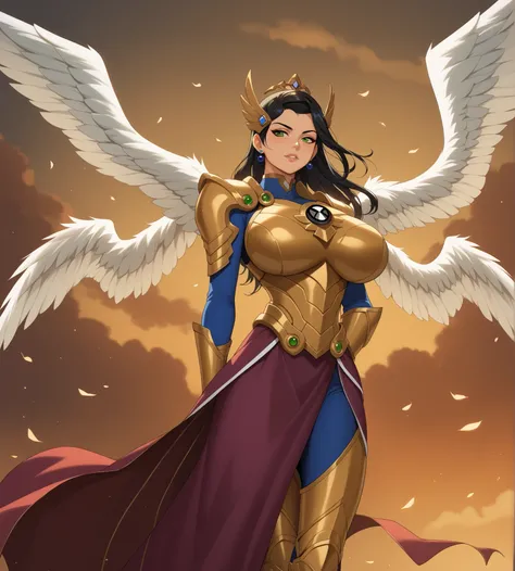 masterpiece、high quality、high image quality、detailed face, (masterpiece), (perfect-all),1girl, Black hair, long hair, green eyes, green eyes, armor, angels wings, 4 wings, face human, Huge breasts, long sleeves, blue sleeves ben10, insignia, Golden armored...