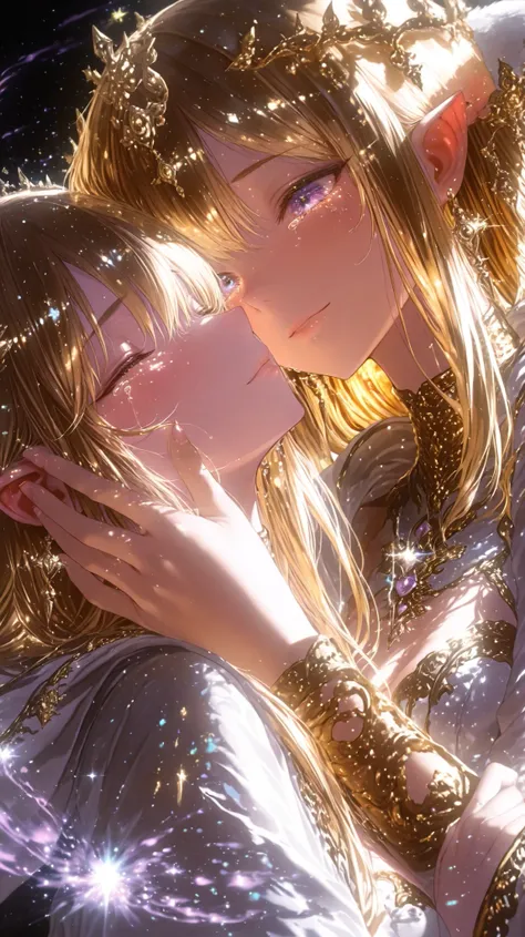 Close-up view of two identical twin female gods, ultra-beautiful supergirls with flowing golden hair, embracing each other tightly, their faces very close, tears streaming down their cheeks as they forgive and console each other. Their expressions radiate ...