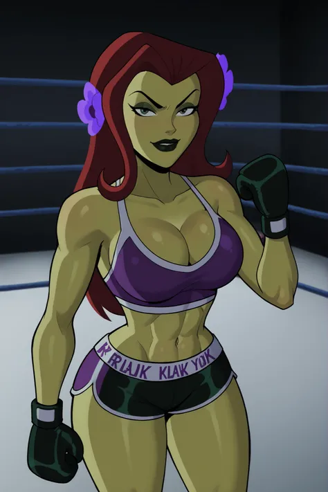 2d, score_9, score_8_up, score_7_up, score_6_up, flower, BREAK, 1girl, solo, standing, red hair, PIVYbatb, green skin, cleavage, curvy, athletic, makeup, smile, closed mouth, very large breasts, long hair, black lips, hair ornament, seductive expression, b...