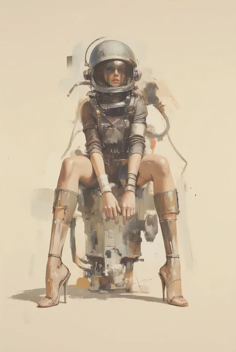 AsleWod style. A surreal, surrealistic painting of a woman sitting in a contemplative pose, wearing a futuristic diving suit and high heels. the woman is positioned in the middle of the image, with her legs crossed and her hands clasped together in front o...