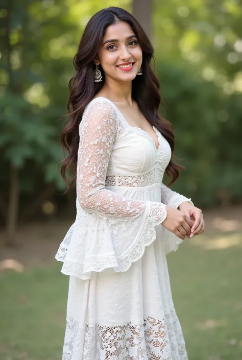 anaswarasdxl, ashk, Full body image of a 20 year old Indian girl with smiling look, fair skin tone, light grey eyes, fox eyelashes, thin eyebrows, black eye liner, silver eyeshadow, natural blush, and red lipstick. Her hairs are long, brown, wavy and styli...