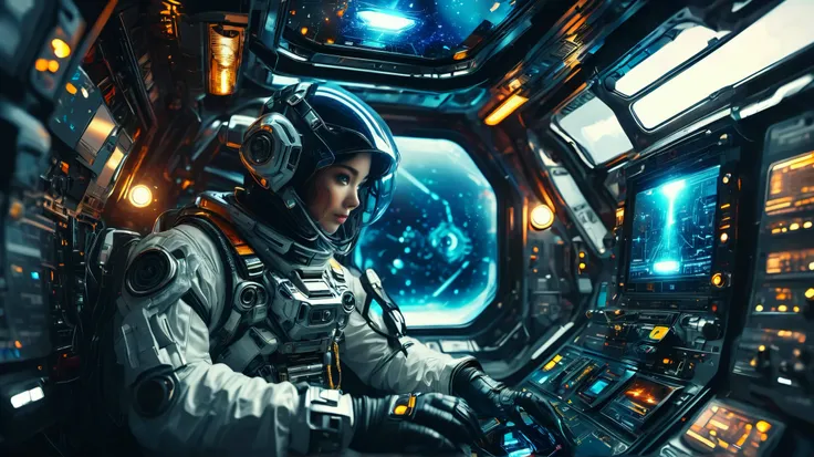 A futuristic astronaut inside a spaceship, glow animation and t , high-tech interior, metal and glass material , atmospheric lighting , dramatic cinematic composition , complex parts, realistic, conceptual art style