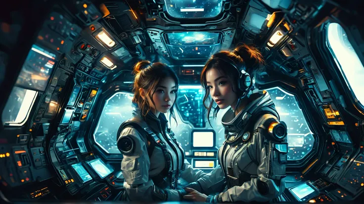 Futuristic astronaut inside a spaceship, glow animation and t , high-tech interior, metal and glass material , atmospheric lighting , dramatic cinematic composition , complex parts, realistic, conceptual art style