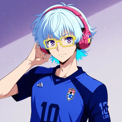 alone, anime boy, blue lock style, spiky light blue hair, violet eyes, yellow frame glasses, big pink headphones, soccer uniform, confident expression, detailed shading, dynamic anime illustration
