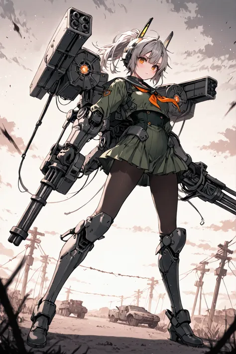 missile pod,holding gatling gun,masterpiece,Highest Quality,Super Detailed,high resolution,slender,high quality、headgear、機械的な部品score_9、score_8_up、score_7_up、masterpiece、high quality、Super Detailed、high resolution、high quality、Highest Quality、clothes、dynami...