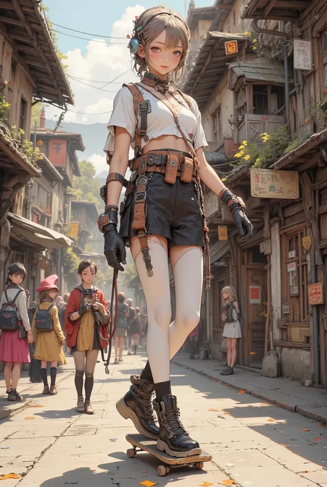 20 years old light brown braids freckles on the cheeks skinny Angel Circle Accessory White Crop Cami black miniskirt black panties white tights black high cut boots black gloves head goggles Leather Belt Pouch Holster Ride a skateboard Explosive Medieva...