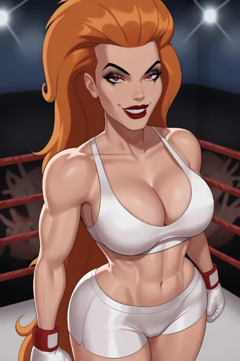 BREAK, score_6_up, score_9, score_8, score_7, 1girl, solo, Volcana, dcaustyle, red lips, lipstick, makeup, very long hair, orange hair, red eyes, black pupils, very large breasts, cleavage, curvy, athletic, looking at viewer, seducing viewer, teasing viewe...