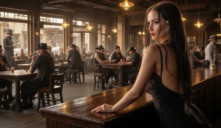 A cinematic wide shot inside a lively neo-Western saloon. Several wooden tables are spread across the room, occupied by rugged cowboys and townsfolk engaged in quiet conversations and tense card games. At the polished wooden bar, two elegant waitresses in ...