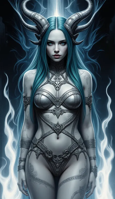 I want to create a tableau dedicated to portraying Lilith, queen of demons, first wife of Adam, first succubus. masterpiece. best quality. Full body shot, Aesthetic pose, wearing a silver interlocked harness covered in runes, artistic background abstract...