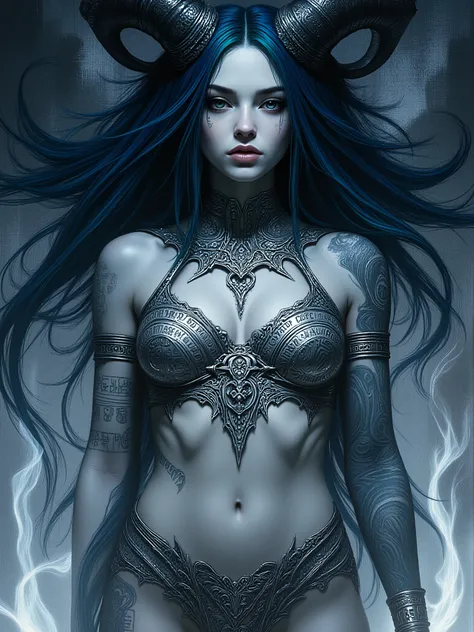 I want to create a tableau dedicated to portraying Lilith, queen of demons, first wife of Adam, first succubus. masterpiece. best quality. Full body shot, Aesthetic pose, wearing a silver interlocked harness covered in runes, artistic background abstract...