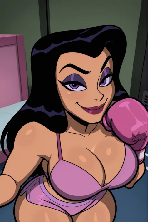 BREAK, score_8_up, score_7_up, score_6_up, score_9, h00nt33s 1girl, solo, long hair, very large breasts, smile, black hair, purple eyes, makeup, lipstick, cleavage, curvy, athletic, looking at viewer, seducing viewer, teasing viewer, indoors, boxing ring, ...