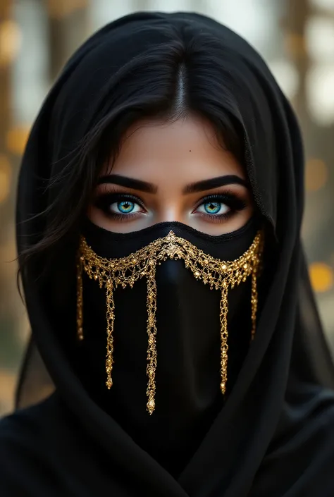 Portrait of an Arab princess, fairy tale image, Fantastic backgrounds, magical atmosphere, she has a veil-mask and falling fringes (gold-chaining) cover the lower part of the face:1.33, Ultra-realistic (photorealistic Realism), (ultra realistic texture de...