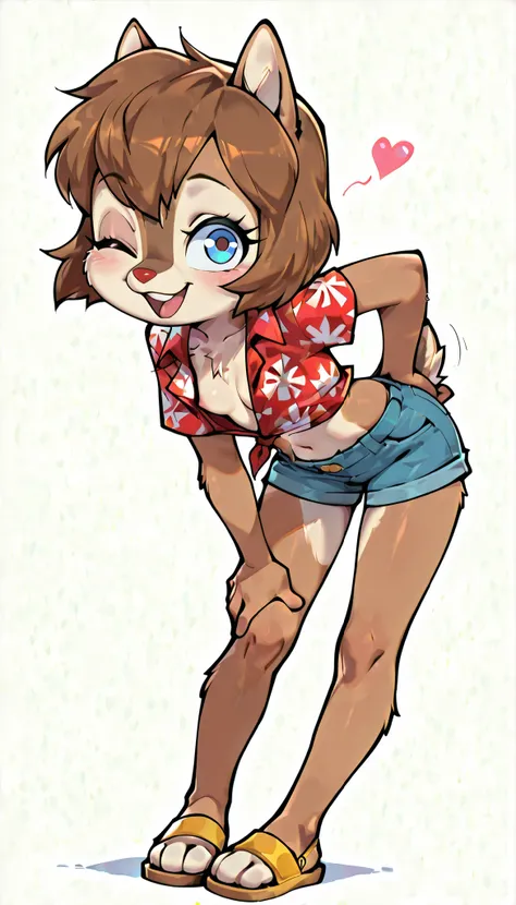 score_9, score_8_up, score_7_up, score_6_up,, hi_res, furry_source, absurdres, masterpiece, best quality, amazing quality, Chip'n Dale Rescue Rangers, 1girl, solo, alone, Femdale, furry, anthro, chipmunk girl, brown fur, blue eyes, chipmunk tail, red nose,...