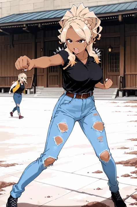 1cute girl,solo,alone,yamamotowz,blonde hair, brown eyes, crown braid, large breasts, gyaru, dark skin, dark-skinned female, flat color,anime style,wide shot,
1girl,loli face,blonde hair,spiked hair,forehead, blue eyes,
medium breasts,detailed hair,detaile...