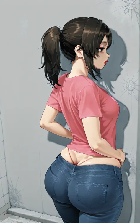 1 woman (Ayano) Medium breasts, medium hips, wearing everyday clothes, jeans and a pink t-shirt, she is in a background like a Japanese college student, she is crossing her arms, Big hips, red lipstick, ponytail, She is against the concrete wall showing he...
