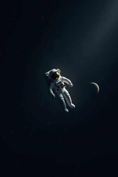 A lone astronaut drifting through a vast space, tied to a slowly rotating space. Stars and distant planets are vaguely visible, reflected from helmet glass. The scene evokes isolation and serenity, Depicted in cinematic sci-fi realism style. soft edge ligh...